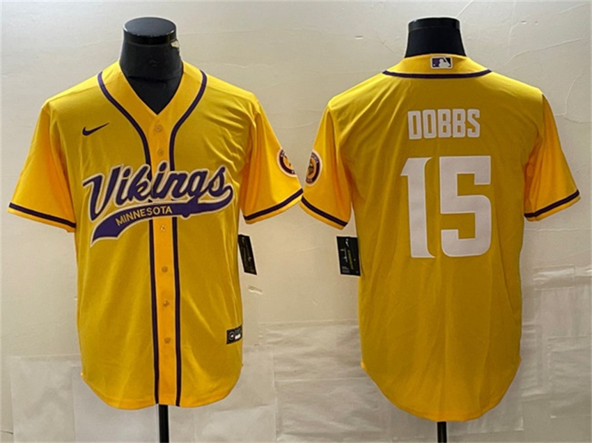 Men's Yellow Minnesota Vikings #15 Josh Dobbs Cool Base Stitched Baseball Jersey